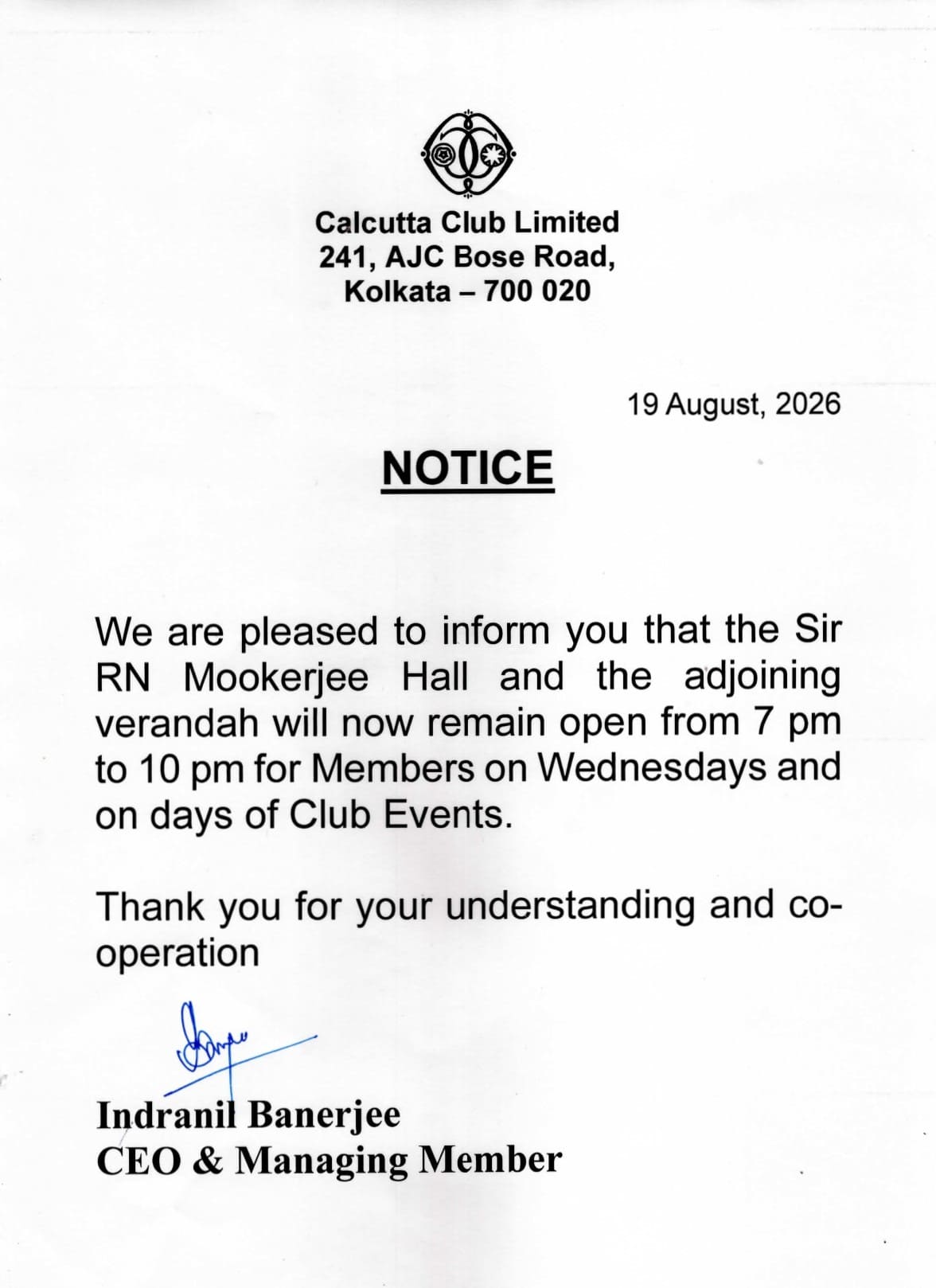 RN MOOKERJEE HALL AND ADJOINING VERANDAH NOTICE
