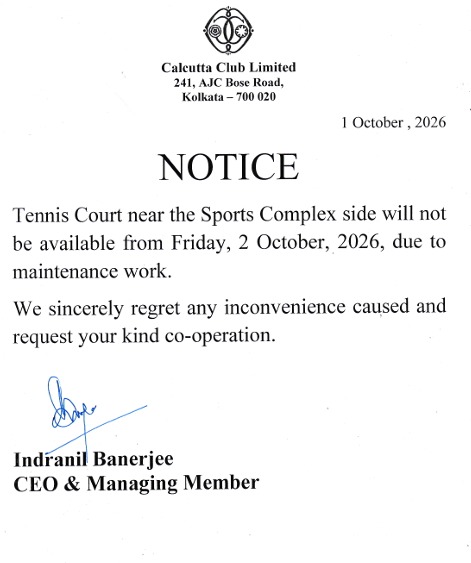 TENNIS COURT & SPORTS COMPLEX NOTICE FOR 2 OCTOBER 2026